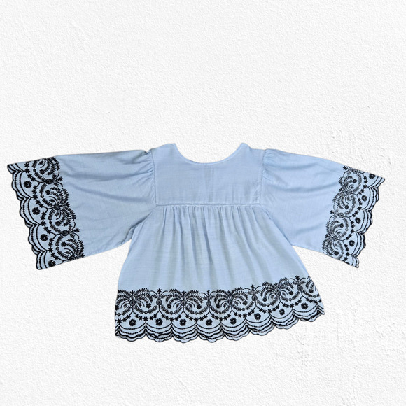 Zara Basic Blue Black Striped Embroidered Bell Sleeve Cotton Top Blouse Size XS - Picture 1 of 9